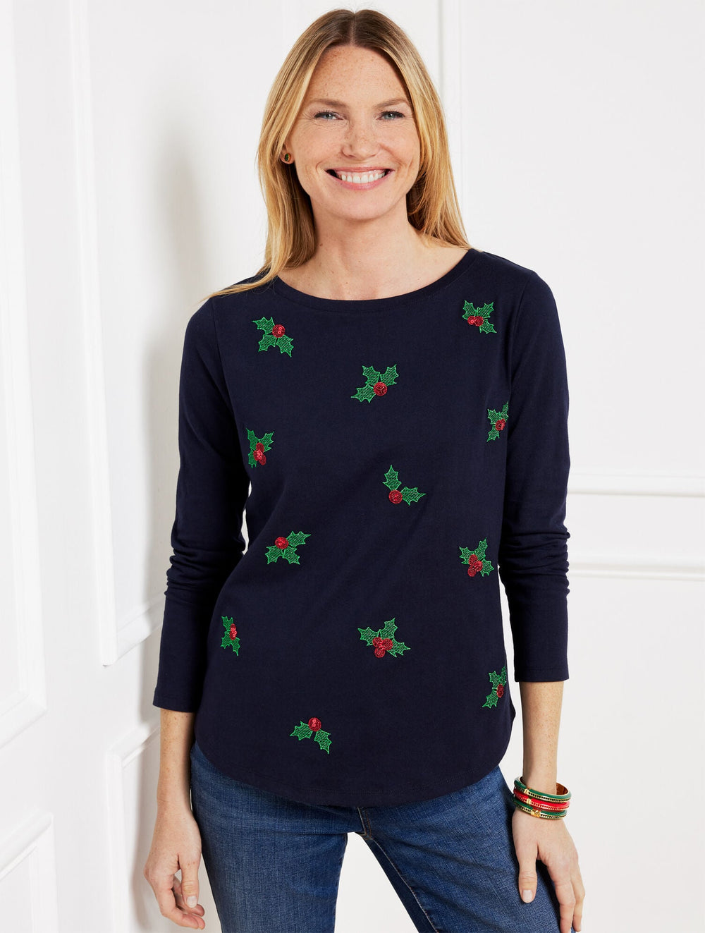 INDIGO BLUE EMBROIDERED CREWNECK TEE | Talbots US