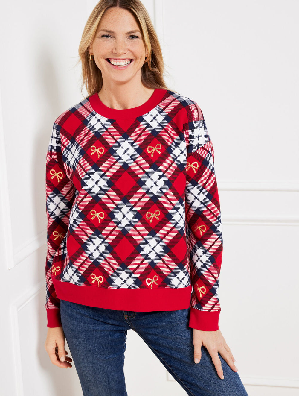 RED POP MULTI CREWNECK SWEATSHIRT - CHESTNUT PLAID | Talbots for sale