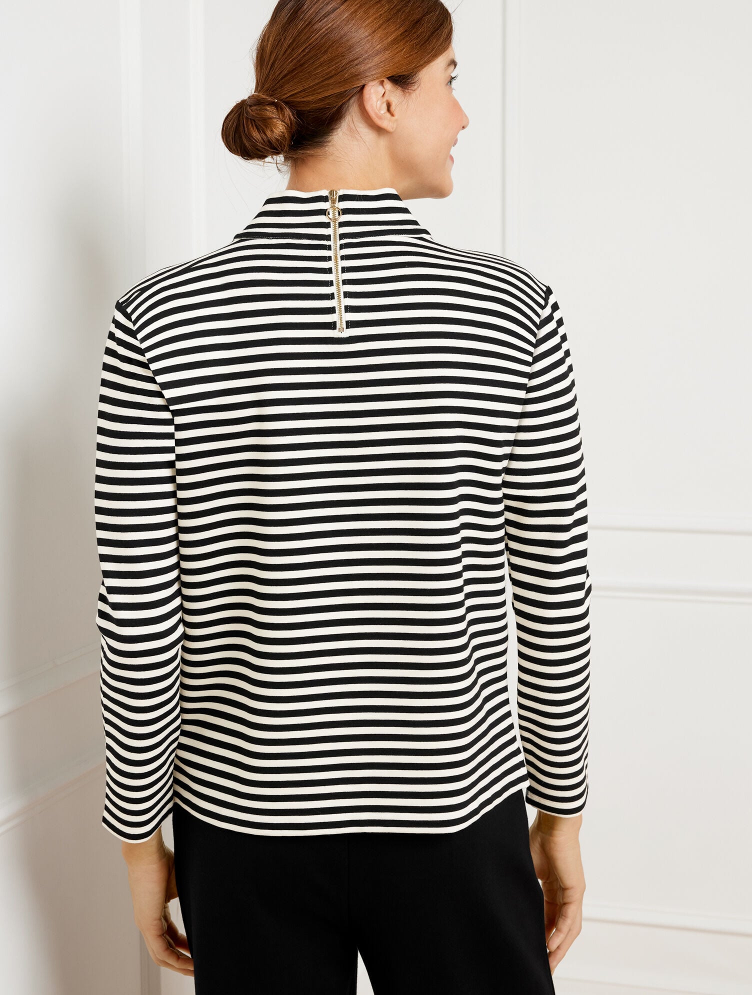 BLACK/IVORY|NAVY DUSK/IVORY EFFORTLESS ULTRAKNIT ZIP BACK MOCKNECK TOP | Talbots for sale