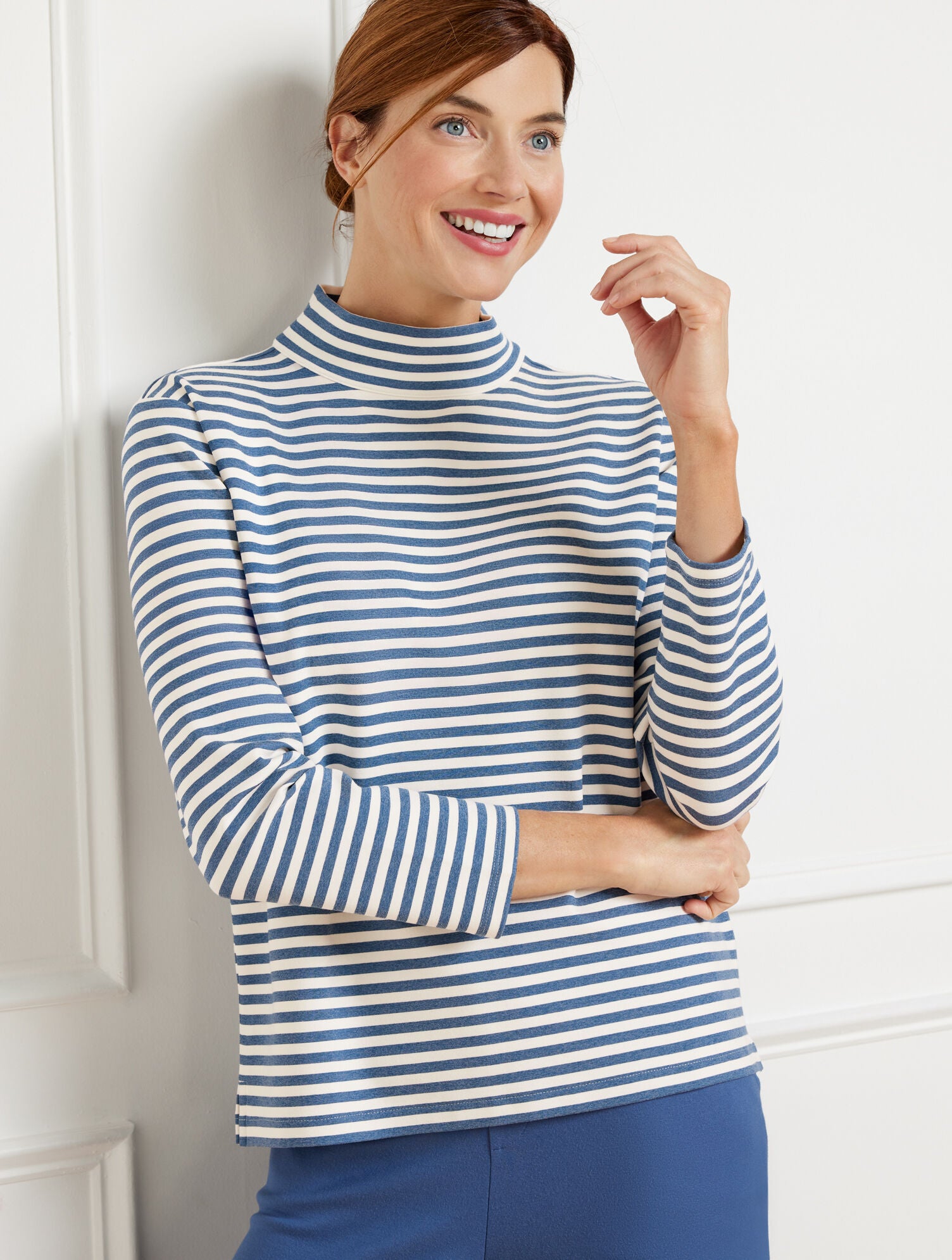 BLACK/IVORY|NAVY DUSK/IVORY EFFORTLESS ULTRAKNIT ZIP BACK MOCKNECK TOP | Talbots for sale