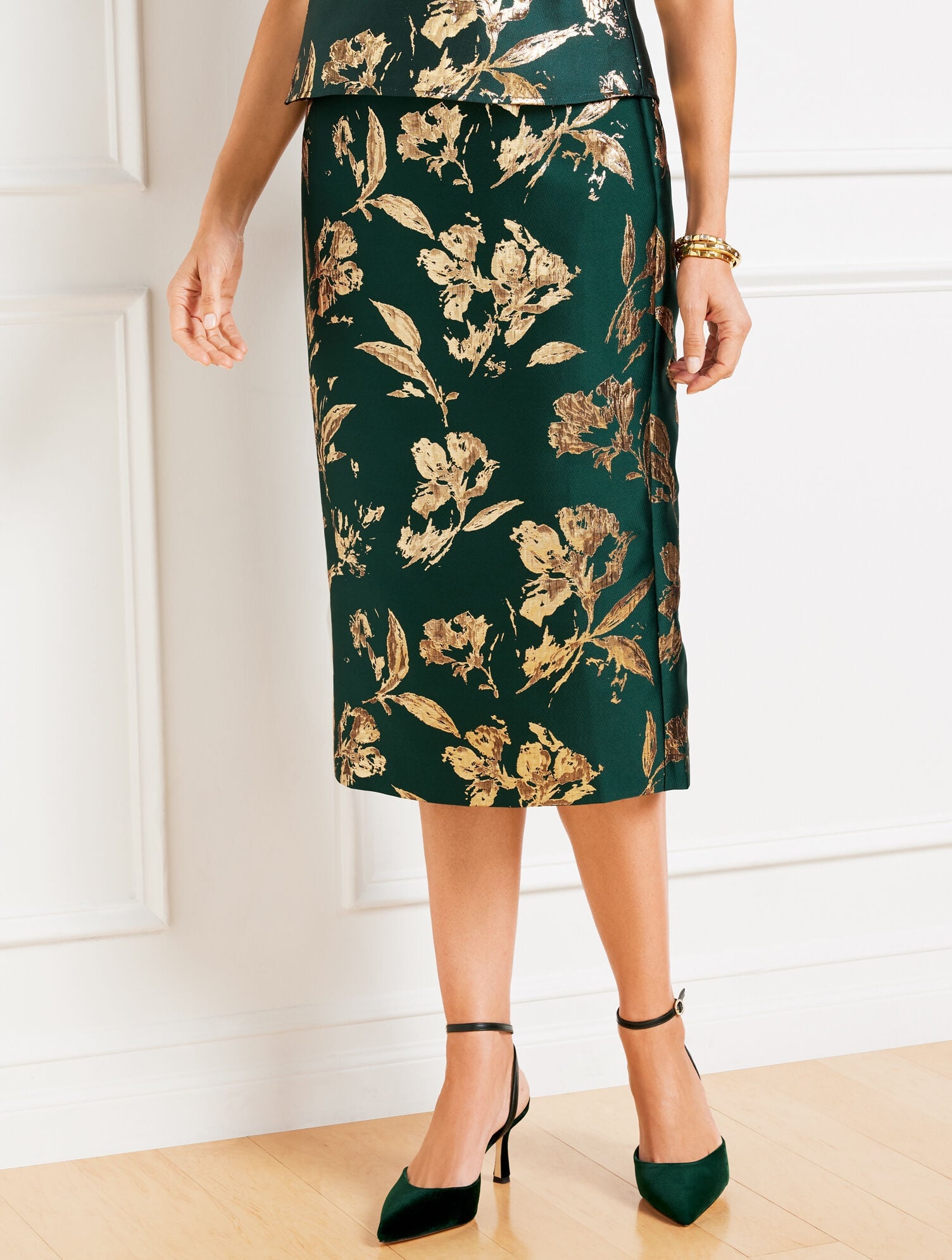 DARK GREEN/GOLD METALLIC FLORAL JACQUARD PENCIL SKIRT | Talbots on sale