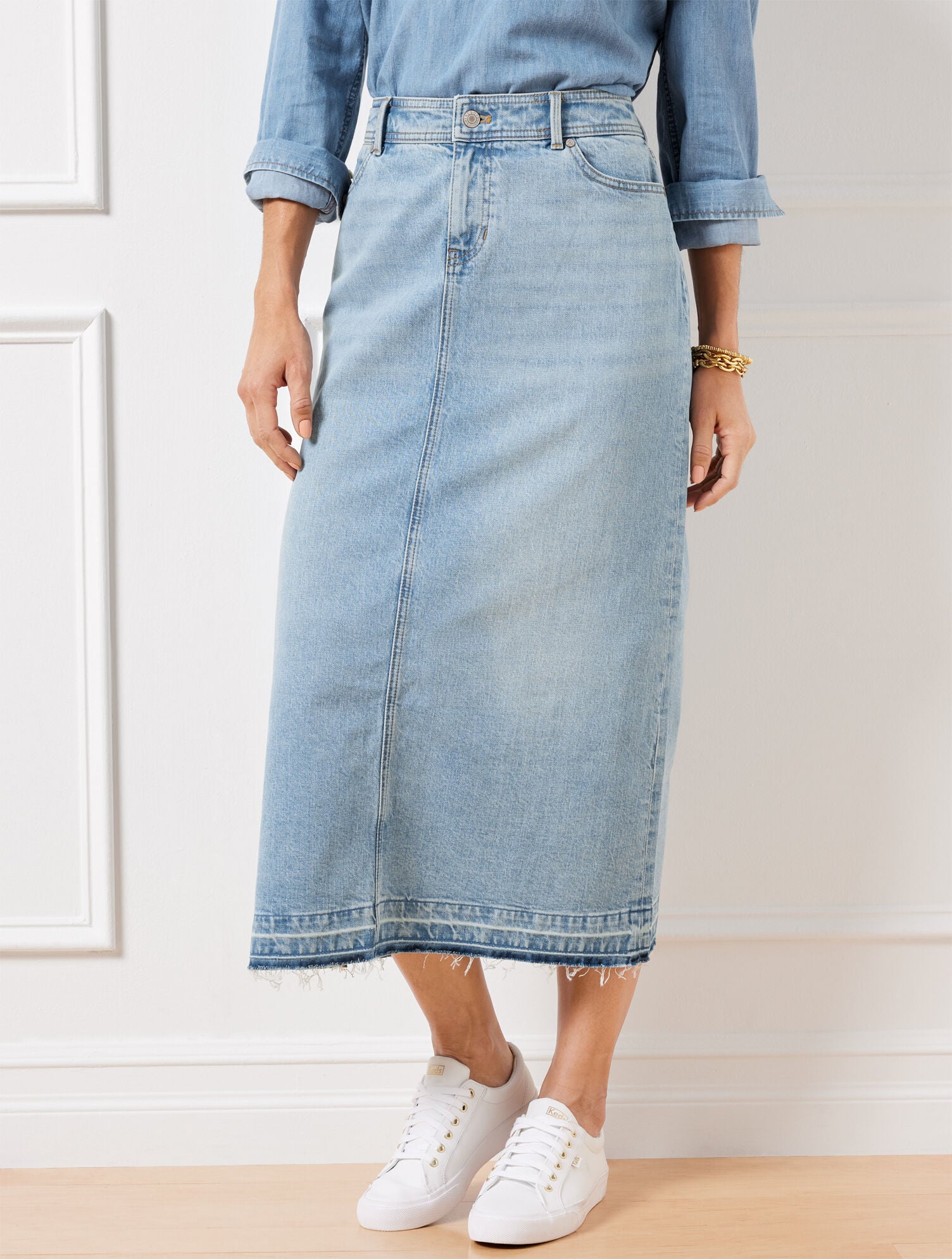 SPRING WASH DROP HEM DENIM MIDI SKIRT - SPRING WASH | Talbots for sale