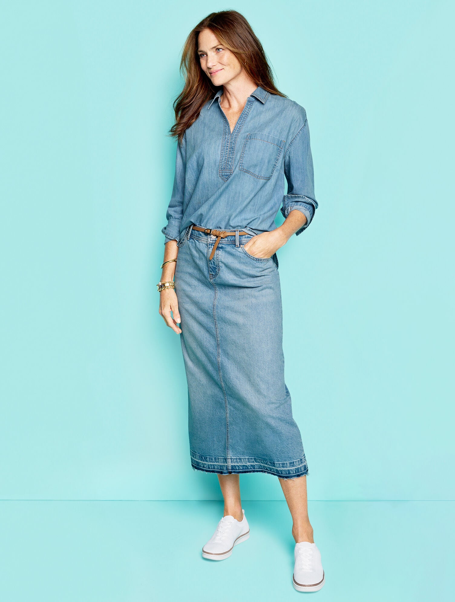SPRING WASH DROP HEM DENIM MIDI SKIRT - SPRING WASH | Talbots for sale