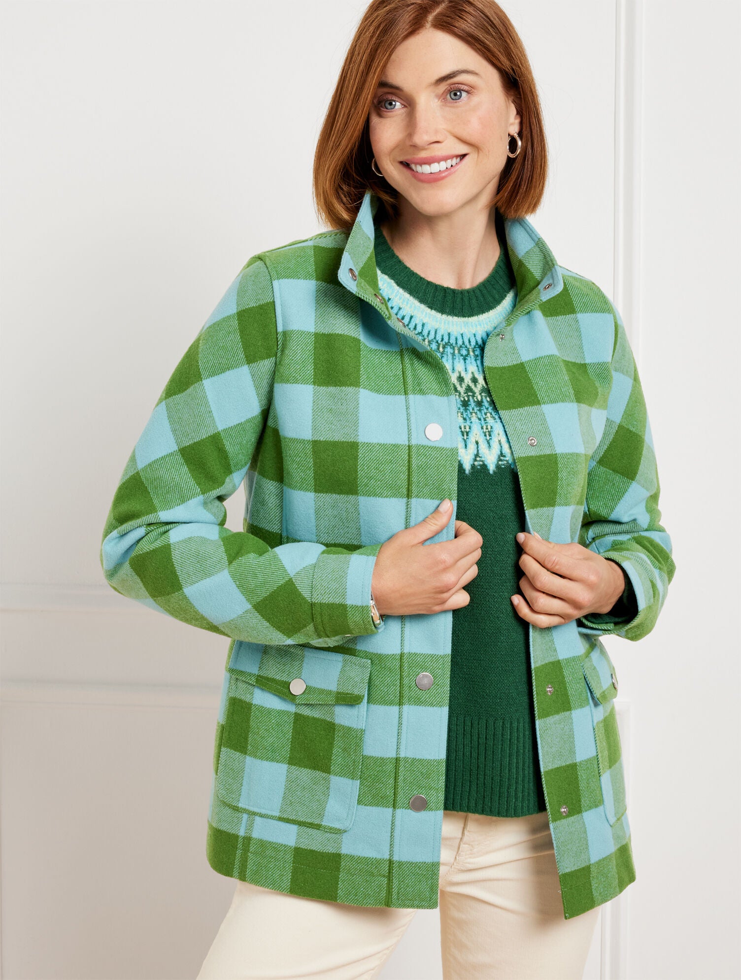 OPAL BLUE/WILLOW FIELD JACKET - BELLE CHECK | Talbots sale