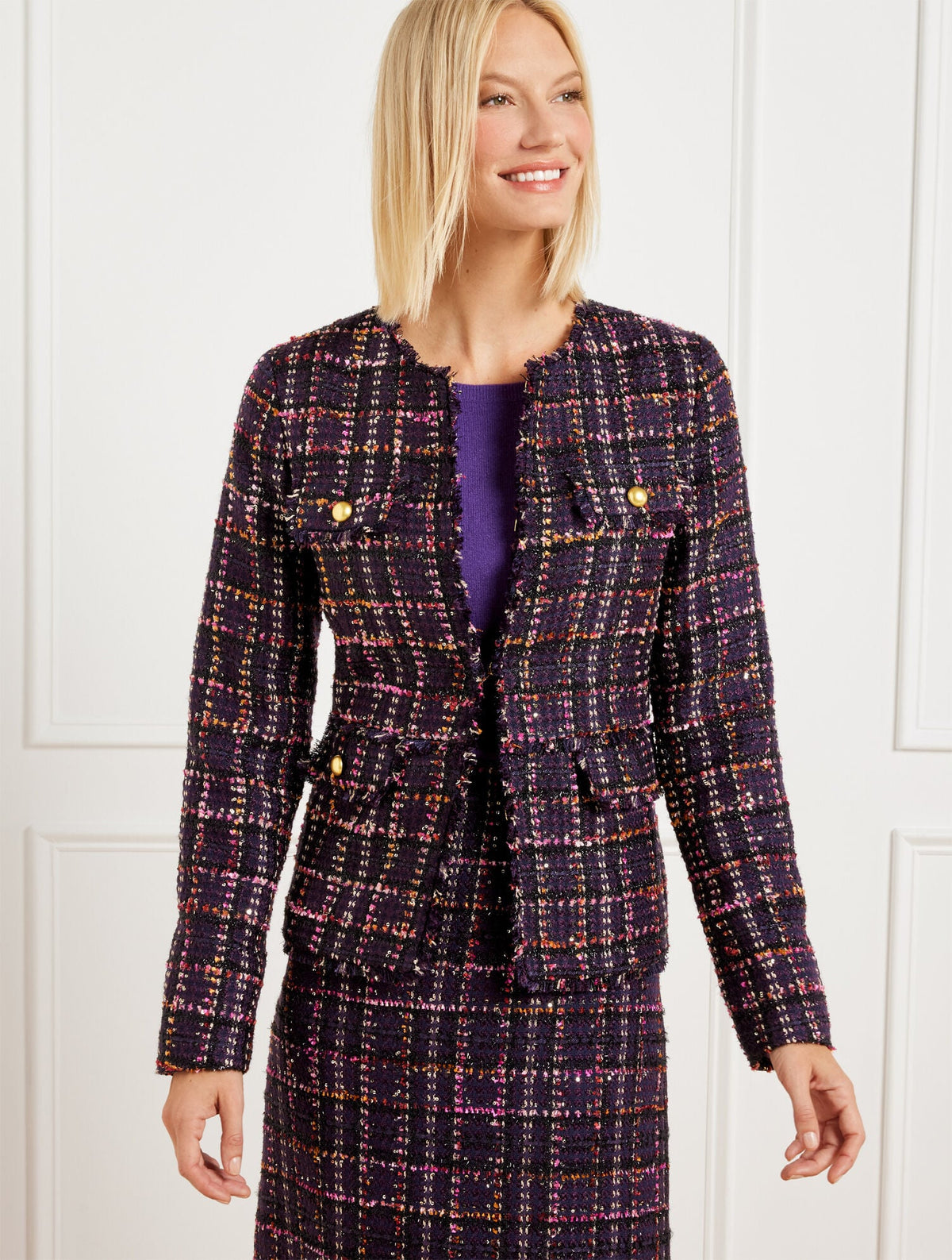 PURPLE/GOLD MULTI MIDNIGHT SPARKLE TWEED JACKET | Talbots sale