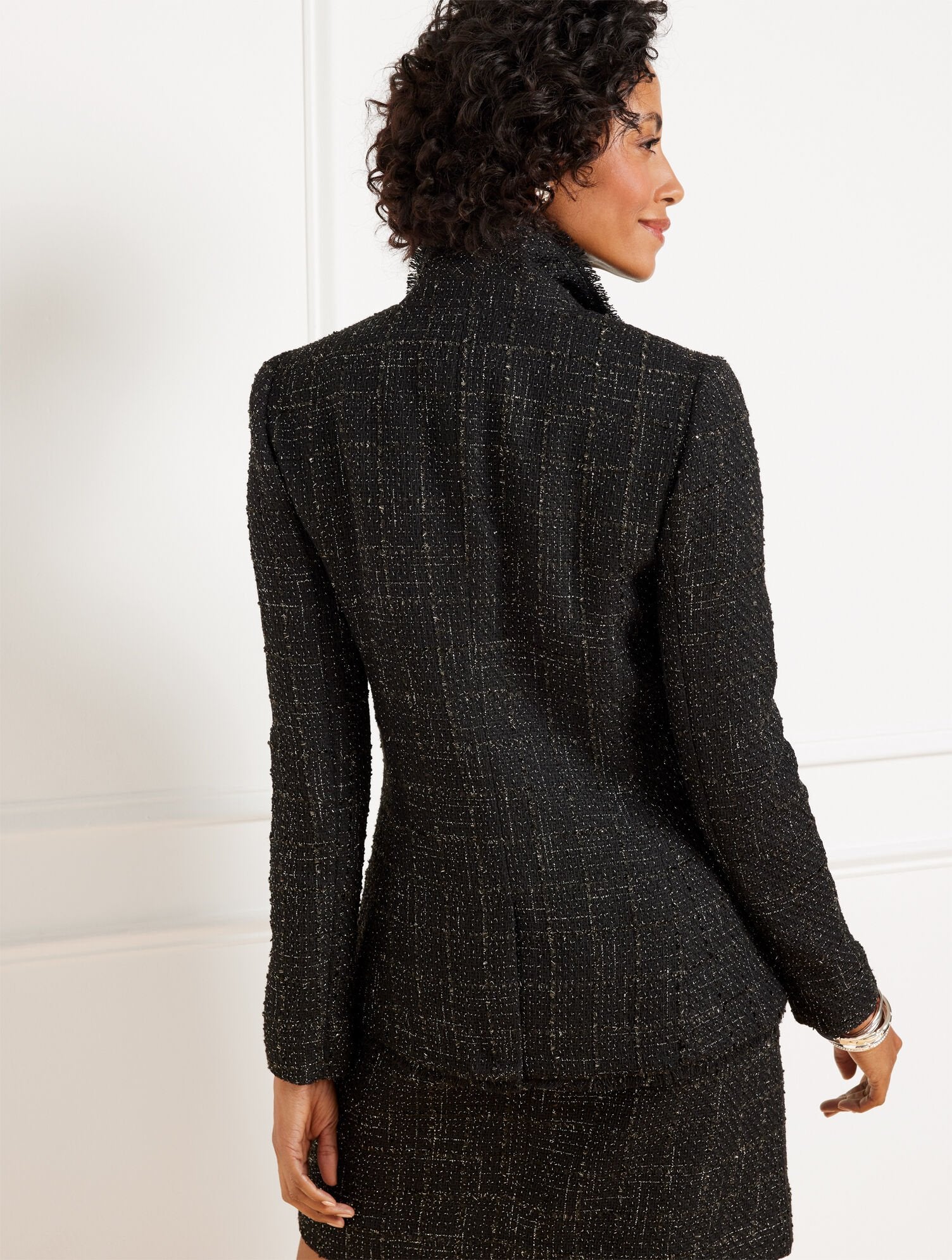 BLACK/SILVER METALLIC FRINGE TWEED DOUBLE BREASTED BLAZER | Talbots online