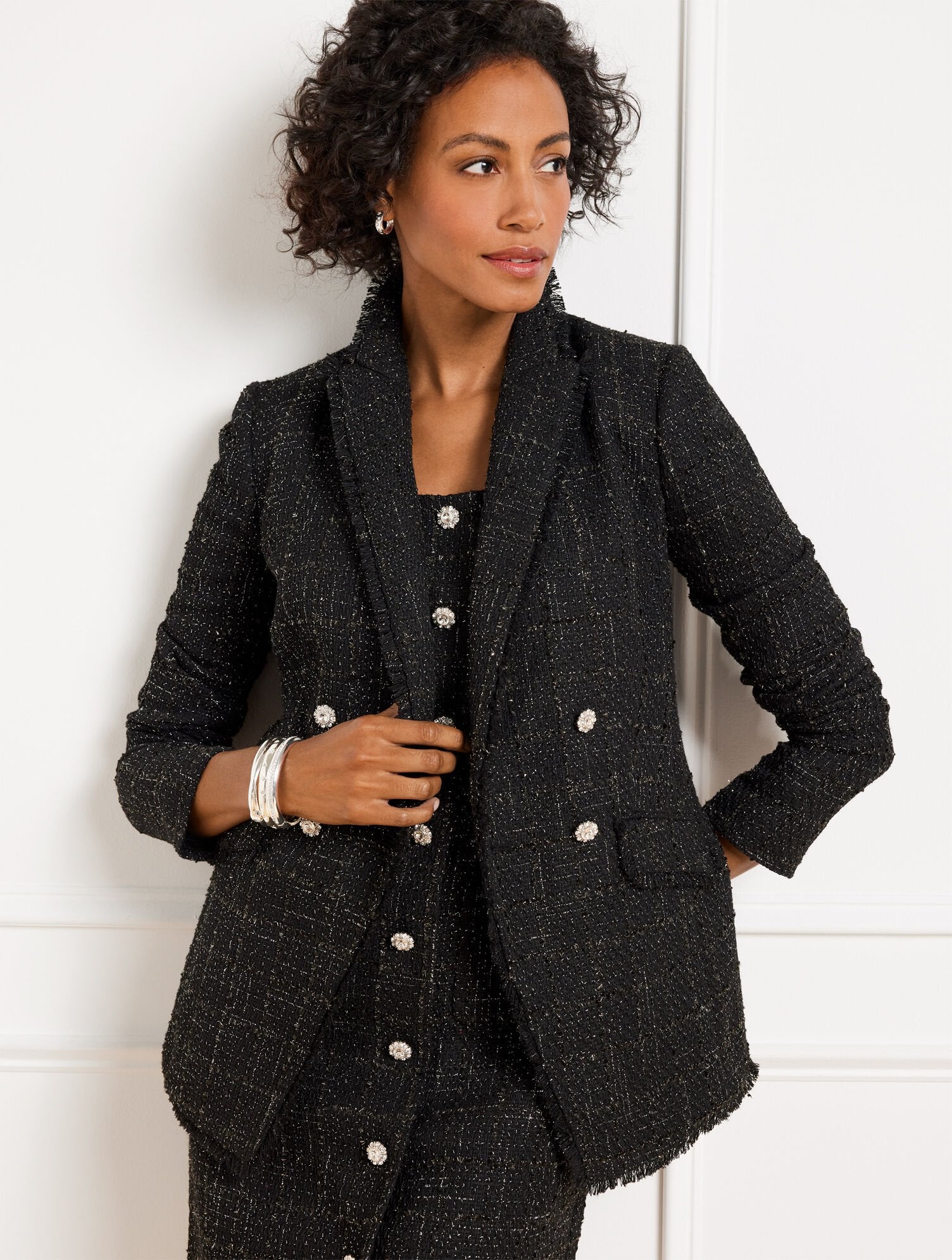 BLACK/SILVER METALLIC FRINGE TWEED DOUBLE BREASTED BLAZER | Talbots online