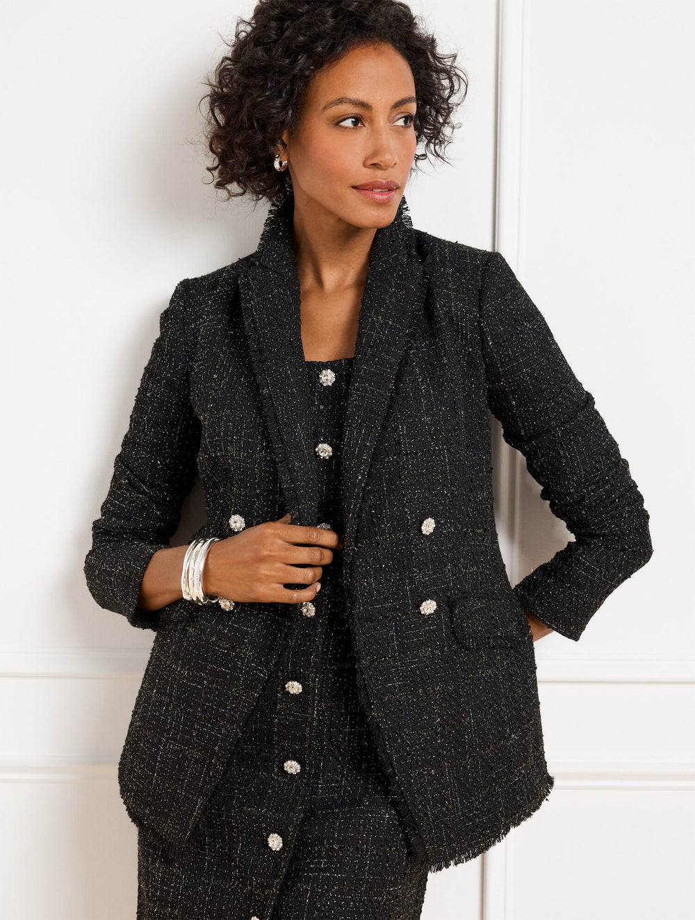 BLACK/SILVER METALLIC FRINGE TWEED DOUBLE BREASTED BLAZER | Talbots online