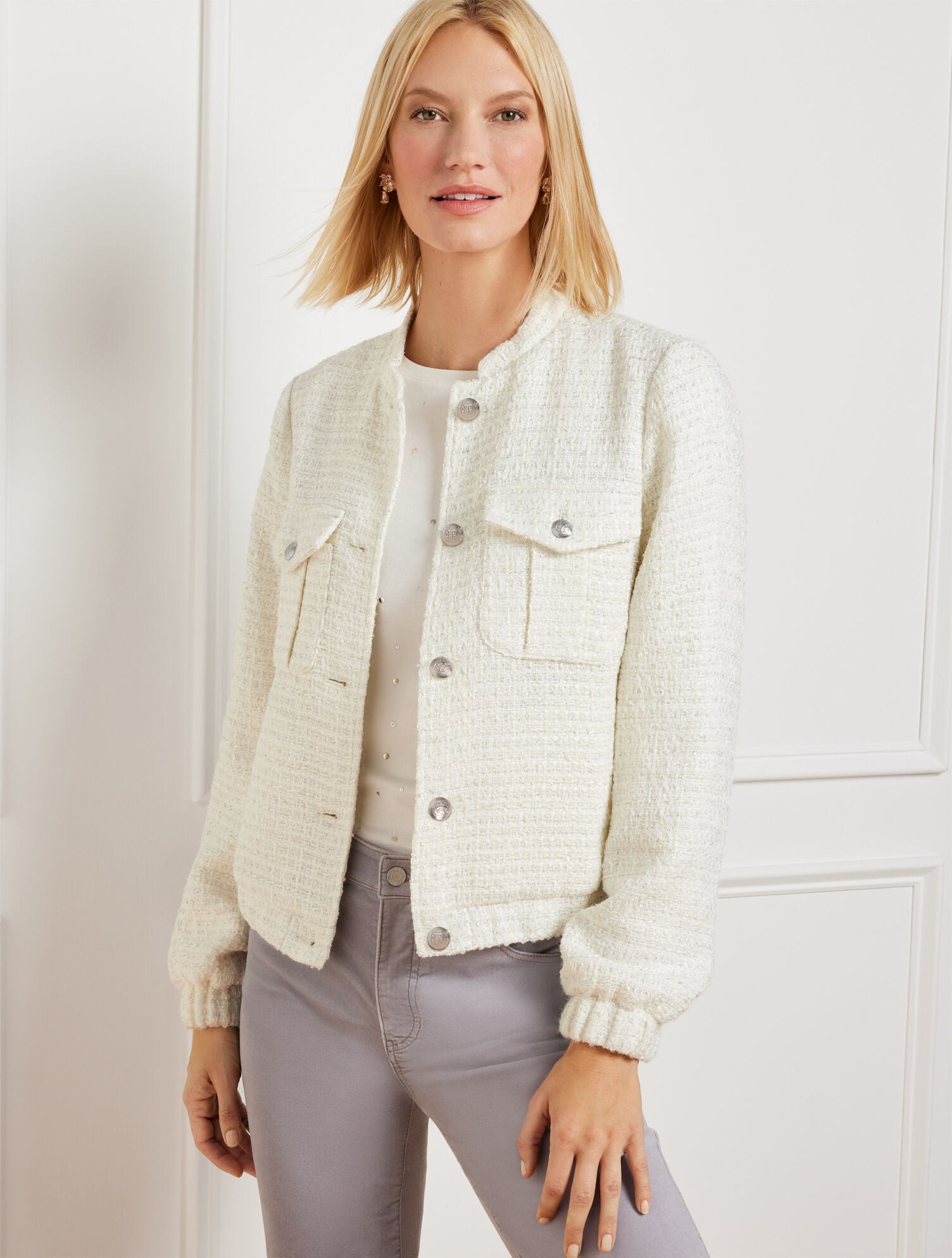 IVORY/SILVER SPARKLE TWEED BOMBER JACKET | Talbots near me