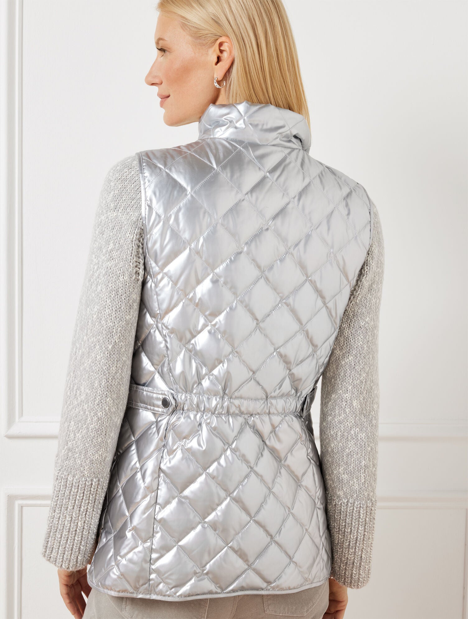 WHITE/SILVER QUILTED DOWN PUFFER VEST - METALLIC | Talbots discount