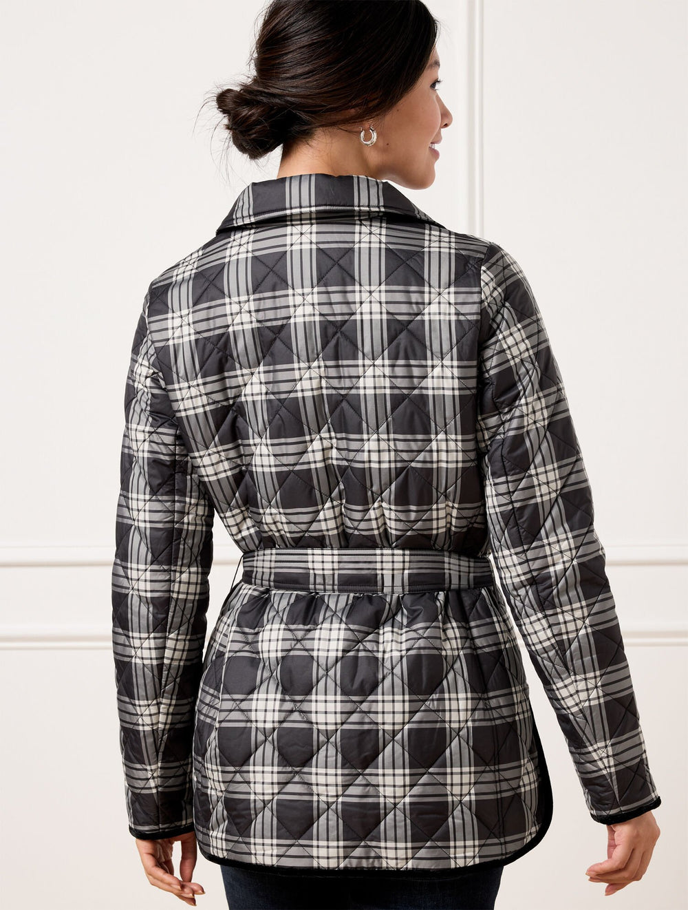BLACK/IVORY TIE WAIST QUILTED SHIRT JACKET - TRADITIONAL PLAID | Talbots US