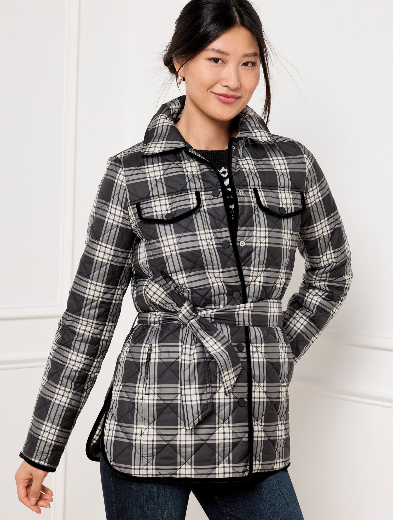 BLACK/IVORY TIE WAIST QUILTED SHIRT JACKET - TRADITIONAL PLAID | Talbots US