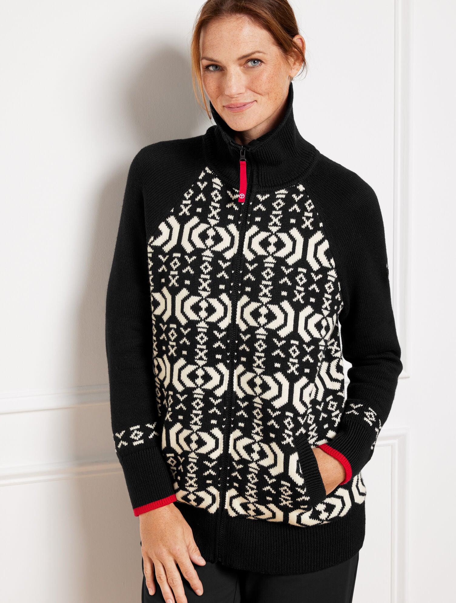 BLACK/IVORY ZIP FRONT COATIGAN - WINTERY GEO | Talbots for sale