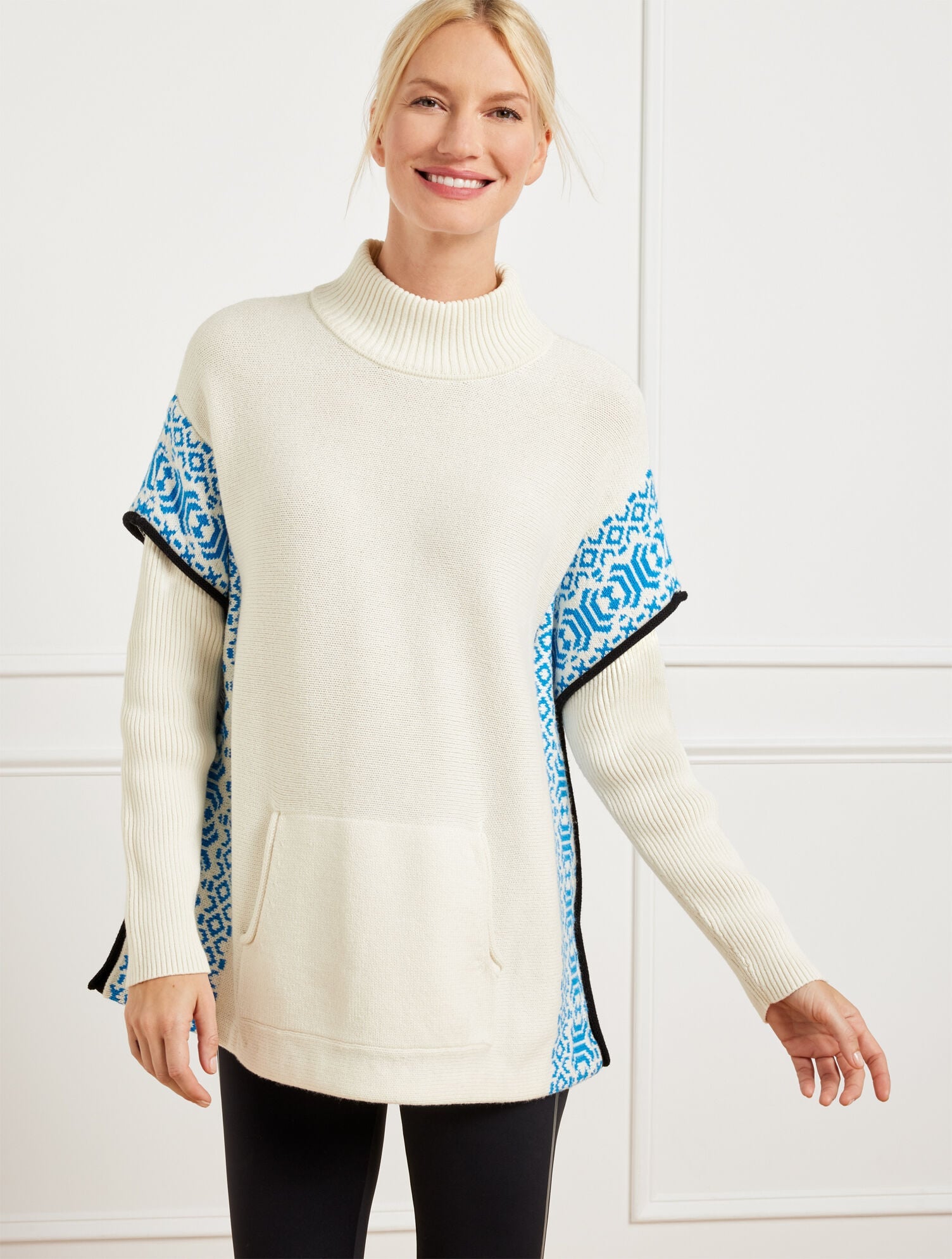 IVORY/BOLD BLUE TURTLENECK PONCHO - WINTERY GEO | Talbots online