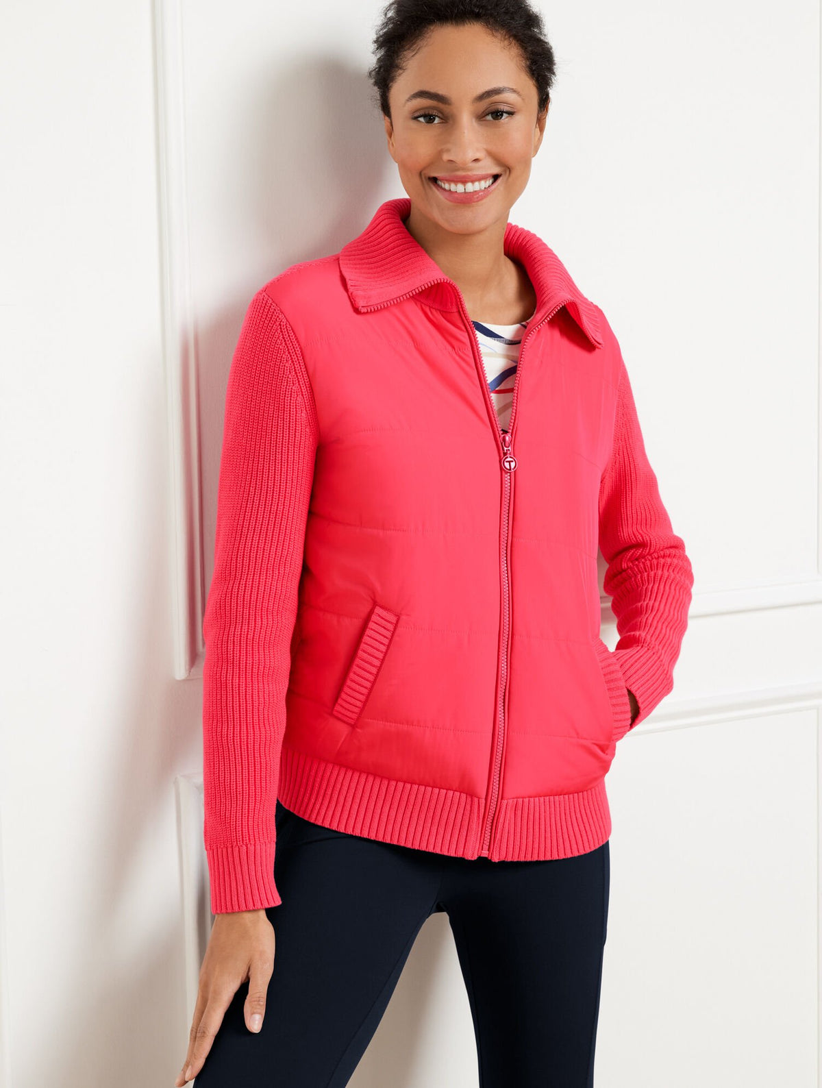 CORAL FETE QUILTED FULL ZIP SWEATER JACKET | Talbots discount