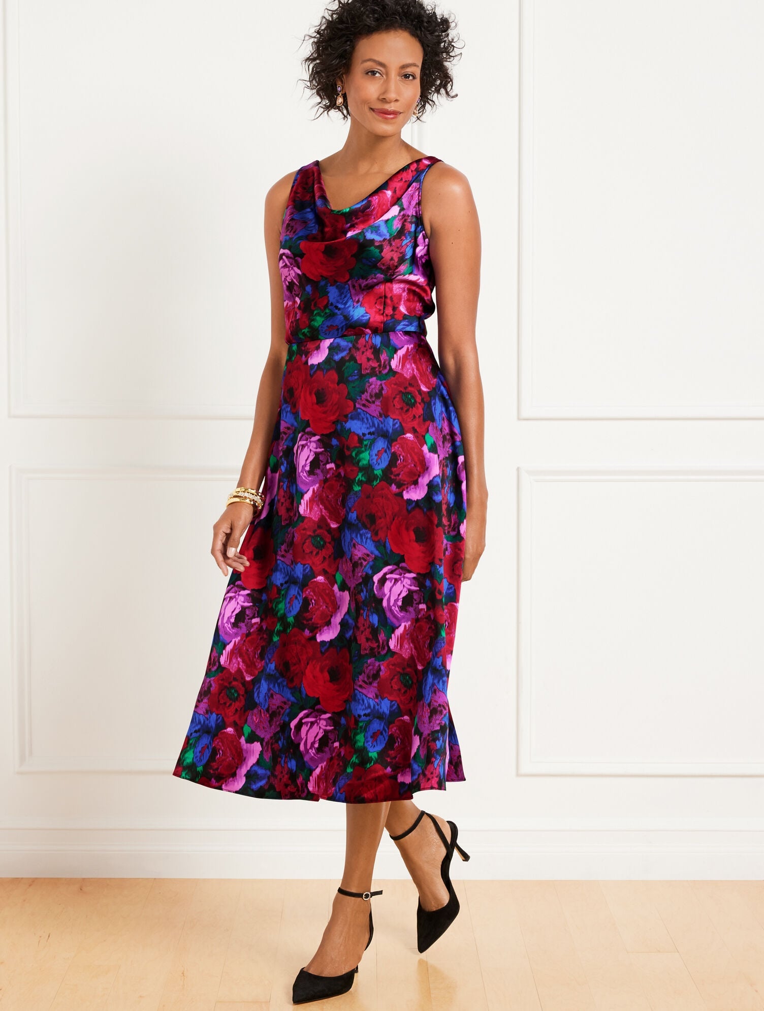 BLACK/BRIGHT BLUE SATIN COWL-NECK DRESS - WRAPPED FLORAL | Talbots US