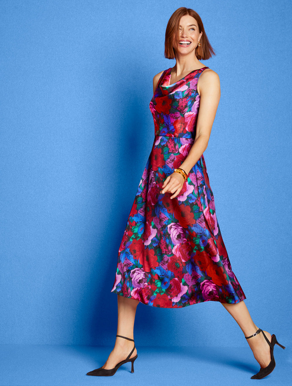 BLACK/BRIGHT BLUE SATIN COWL-NECK DRESS - WRAPPED FLORAL | Talbots US