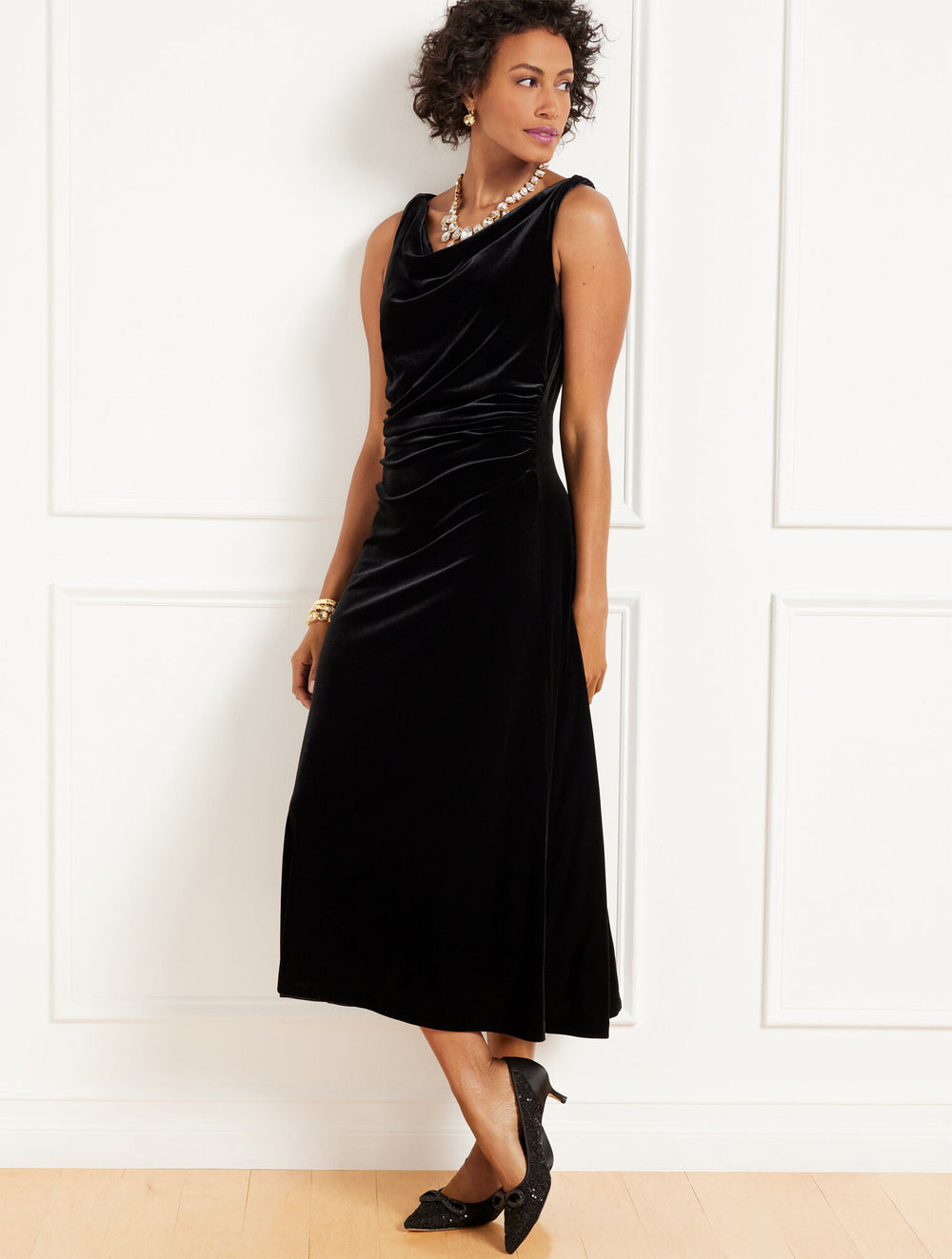 BLACK VELVET DRAPED MIDI DRESS | Talbots discount
