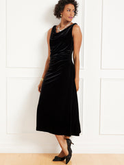 BLACK VELVET DRAPED MIDI DRESS | Talbots discount