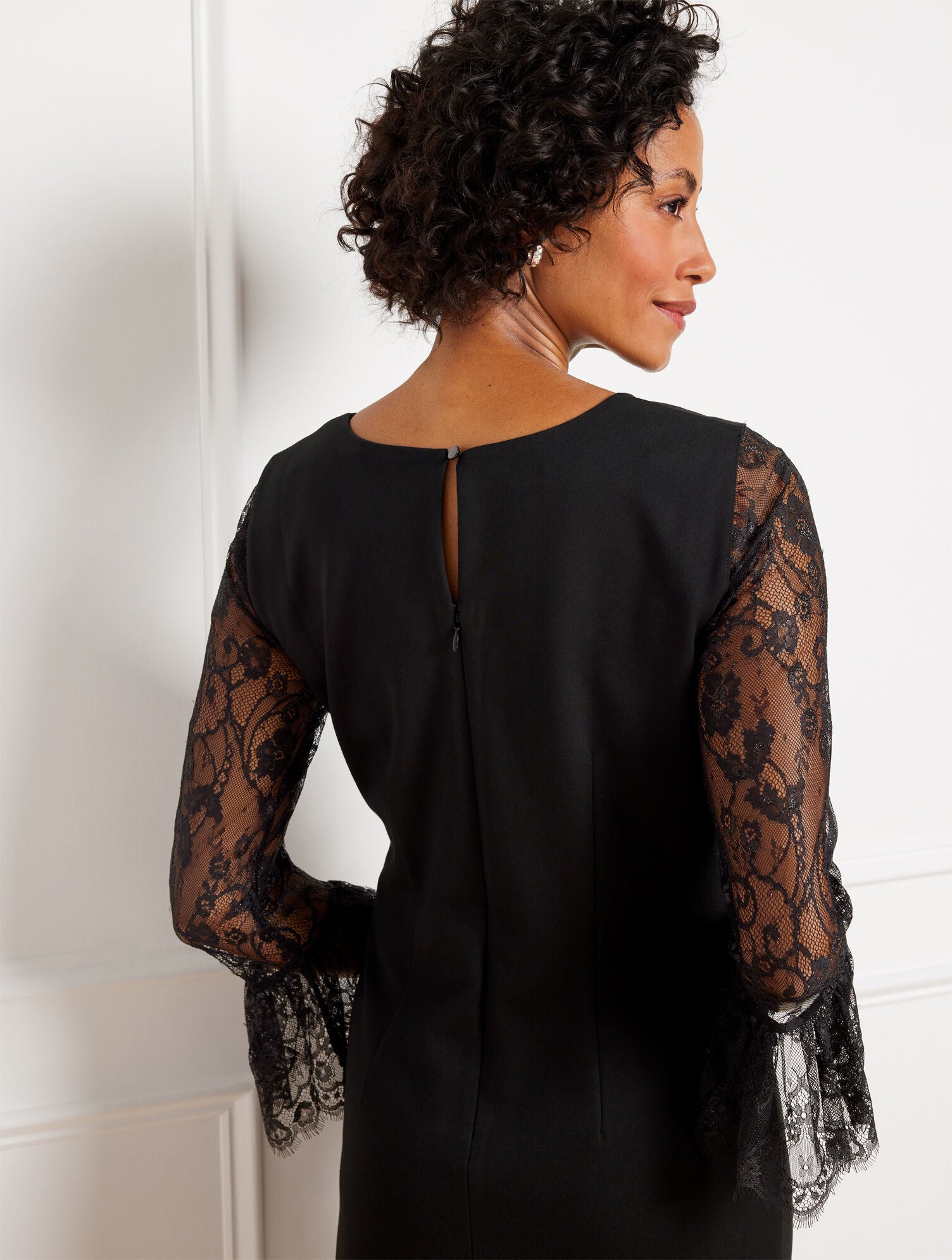 BLACK PONTE LACE SLEEVE A-LINE DRESS | Talbots sale