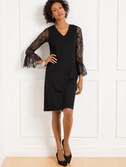 BLACK PONTE LACE SLEEVE A-LINE DRESS | Talbots sale
