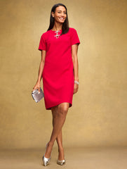 BLACK|RED POP EMBELLISHED BOW CREPE A-LINE DRESS | Talbots on sale