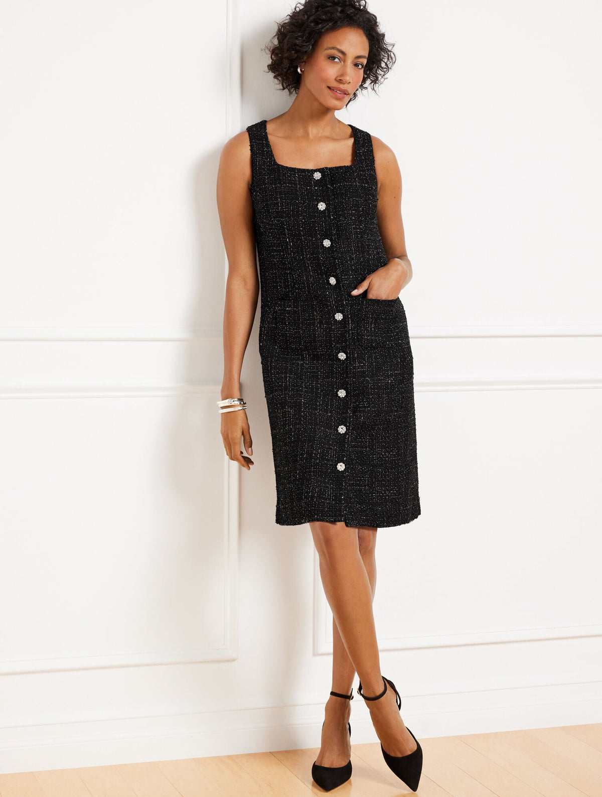 BLACK/SILVER METALLIC TEXTURED TWEED DRESS | Talbots near me