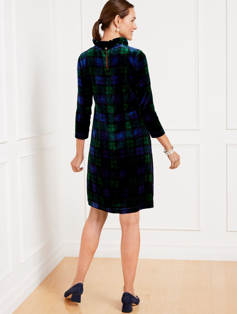 HIGHLAND GREEN/BLACK EFFORTLESS VELVET A-LINE DRESS - BLACK WATCH PLAID | Talbots sale