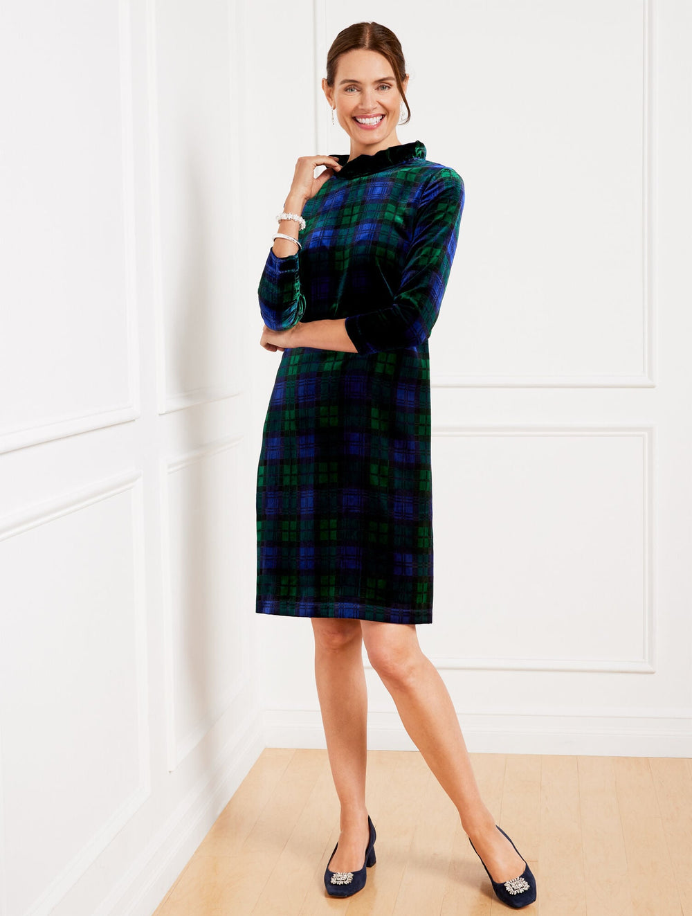 HIGHLAND GREEN/BLACK EFFORTLESS VELVET A-LINE DRESS - BLACK WATCH PLAID | Talbots sale