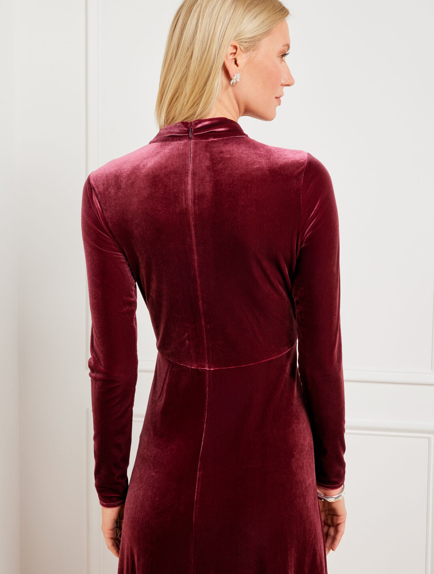 DARK RUBY VELVET DRAPED NECK MIDI DRESS | Talbots outlet