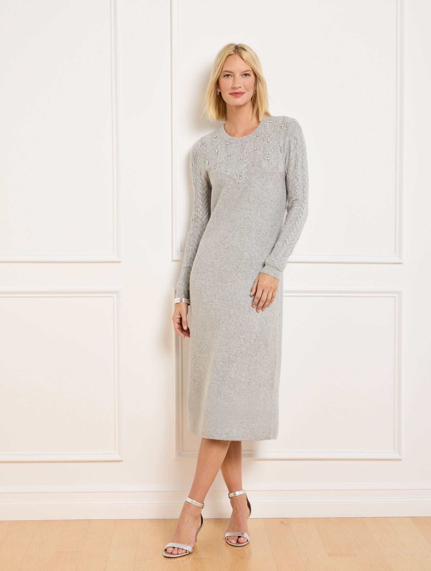 GREY SKY HEATHER CABLE KNIT YOKE SWEATER DRESS | Talbots for sale