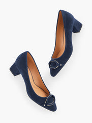 BLACK|INDIGO BLUE|MULBERRY WINE KAYLA BUCKLE BLOCK HEEL SUEDE PUMPS | Talbots on sale