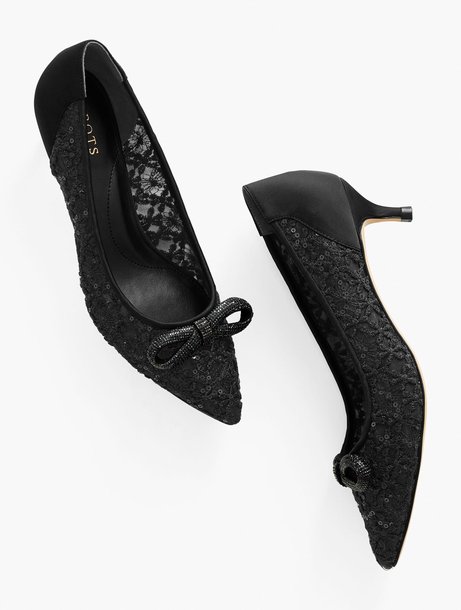 BLACK SYLVIE BOW KITTEN HEEL PUMPS - SEQUIN MESH | Talbots online