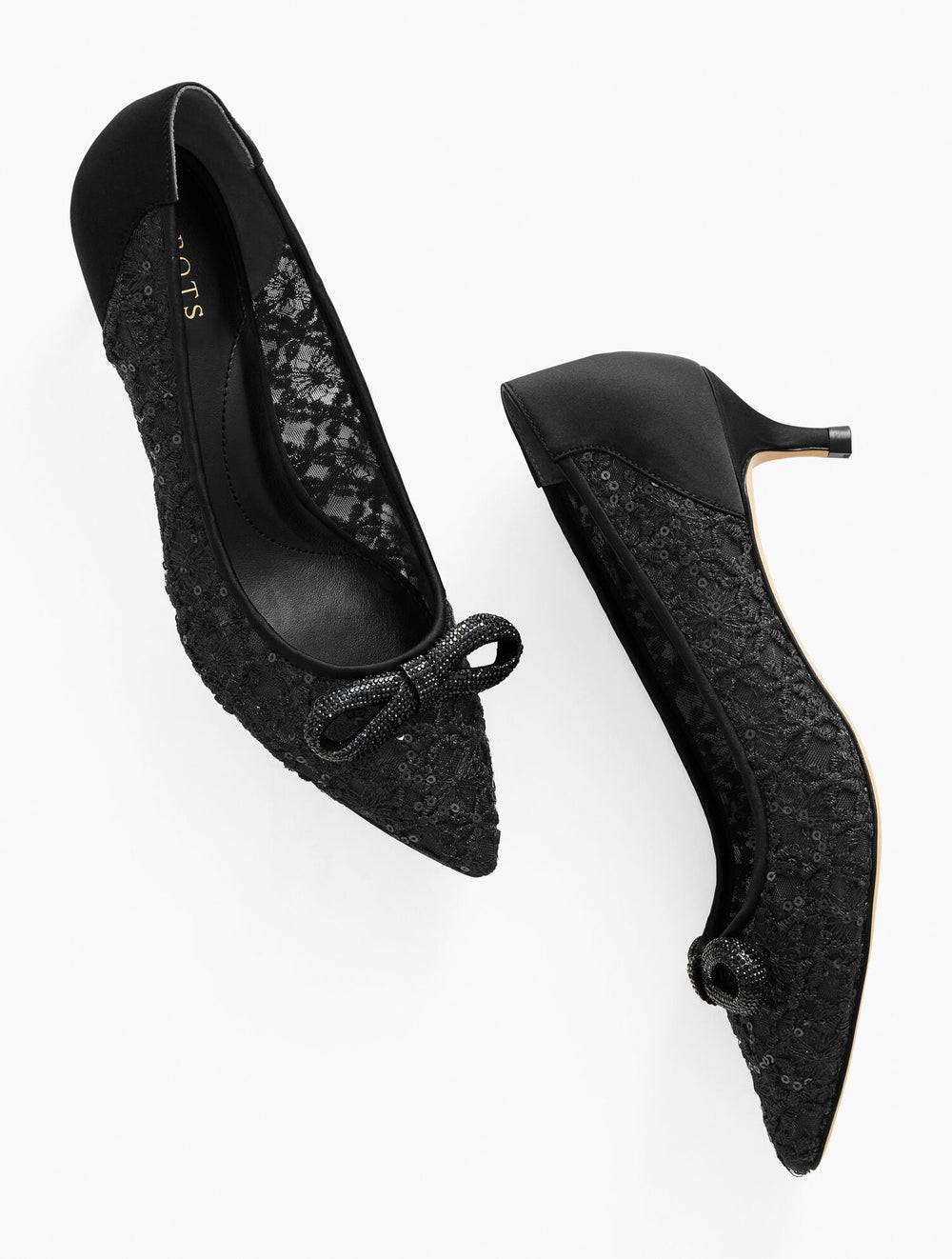BLACK SYLVIE BOW KITTEN HEEL PUMPS - SEQUIN MESH | Talbots online