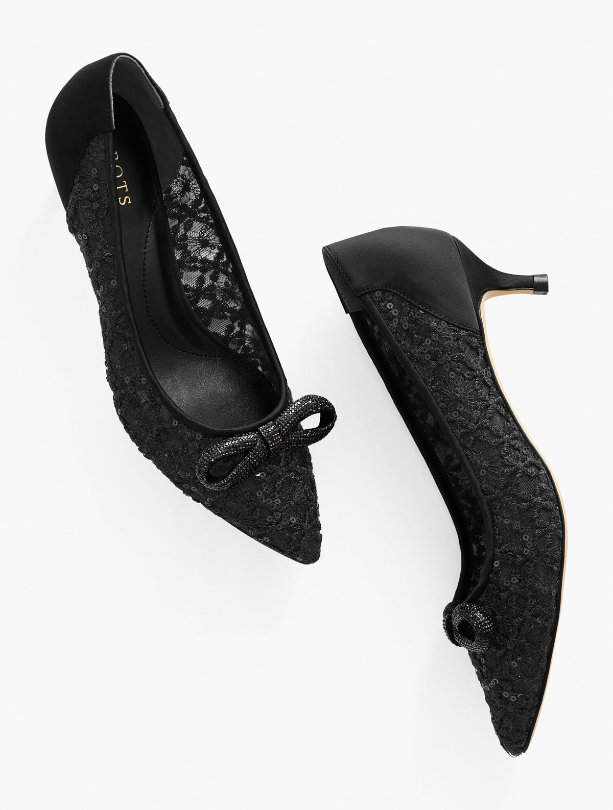 BLACK SYLVIE BOW KITTEN HEEL PUMPS - SEQUIN MESH | Talbots online