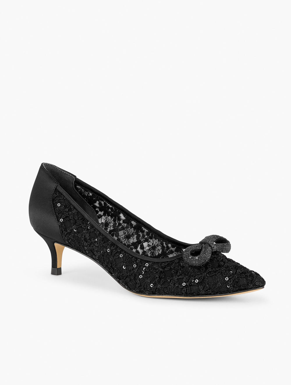 BLACK SYLVIE BOW KITTEN HEEL PUMPS - SEQUIN MESH | Talbots online
