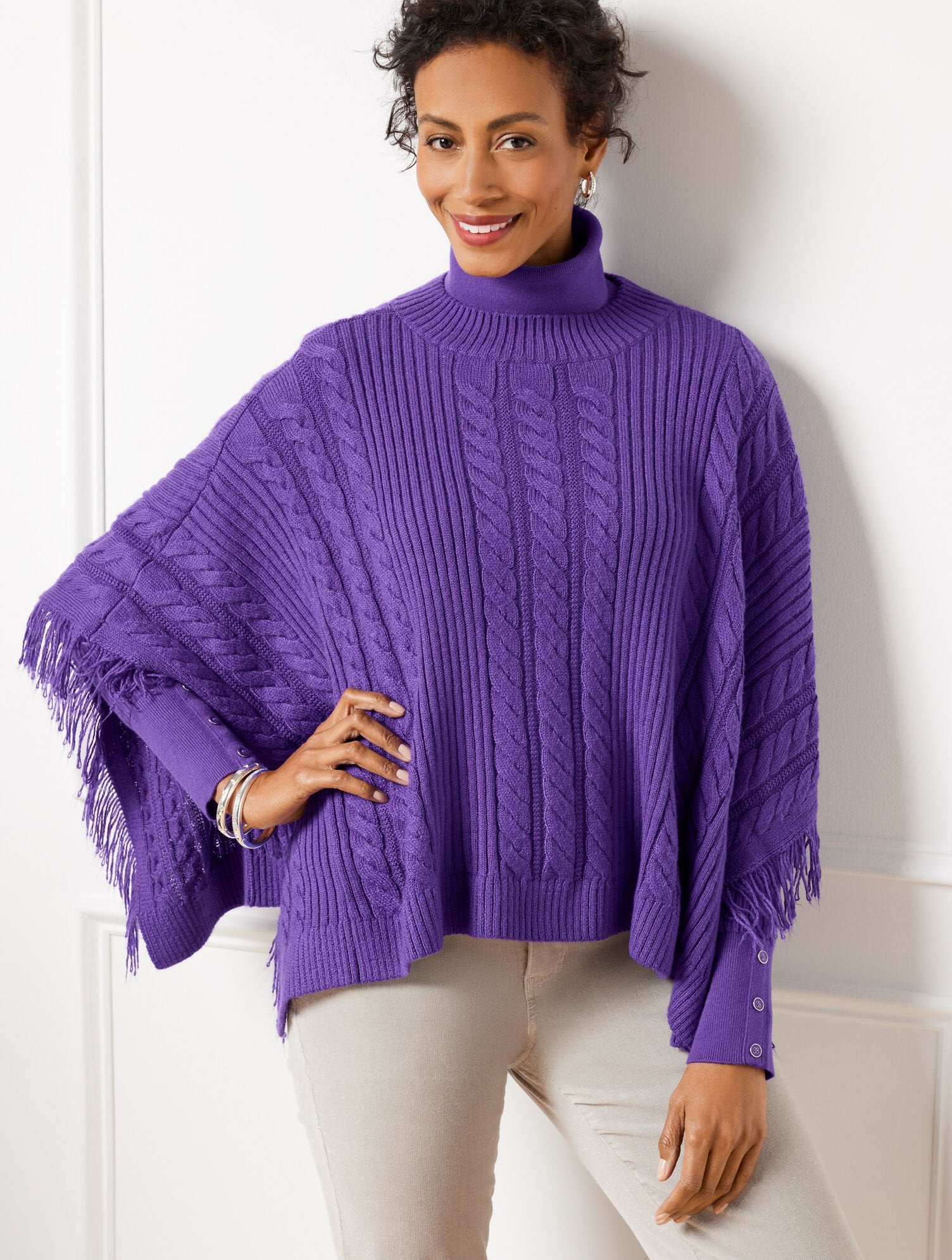 INDIGO BLUE|PURPLE MAJESTY CABLE KNIT PONCHO | Talbots on sale