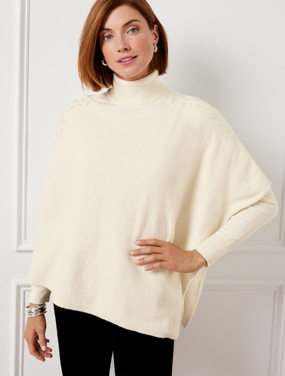 IVORY PEARL EMBELLISHED PONCHO | Talbots US