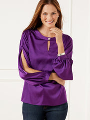 RICH AMETHYST SLIT SLEEVE SOFT SATIN CHARMEUSE TOP | Talbots for sale