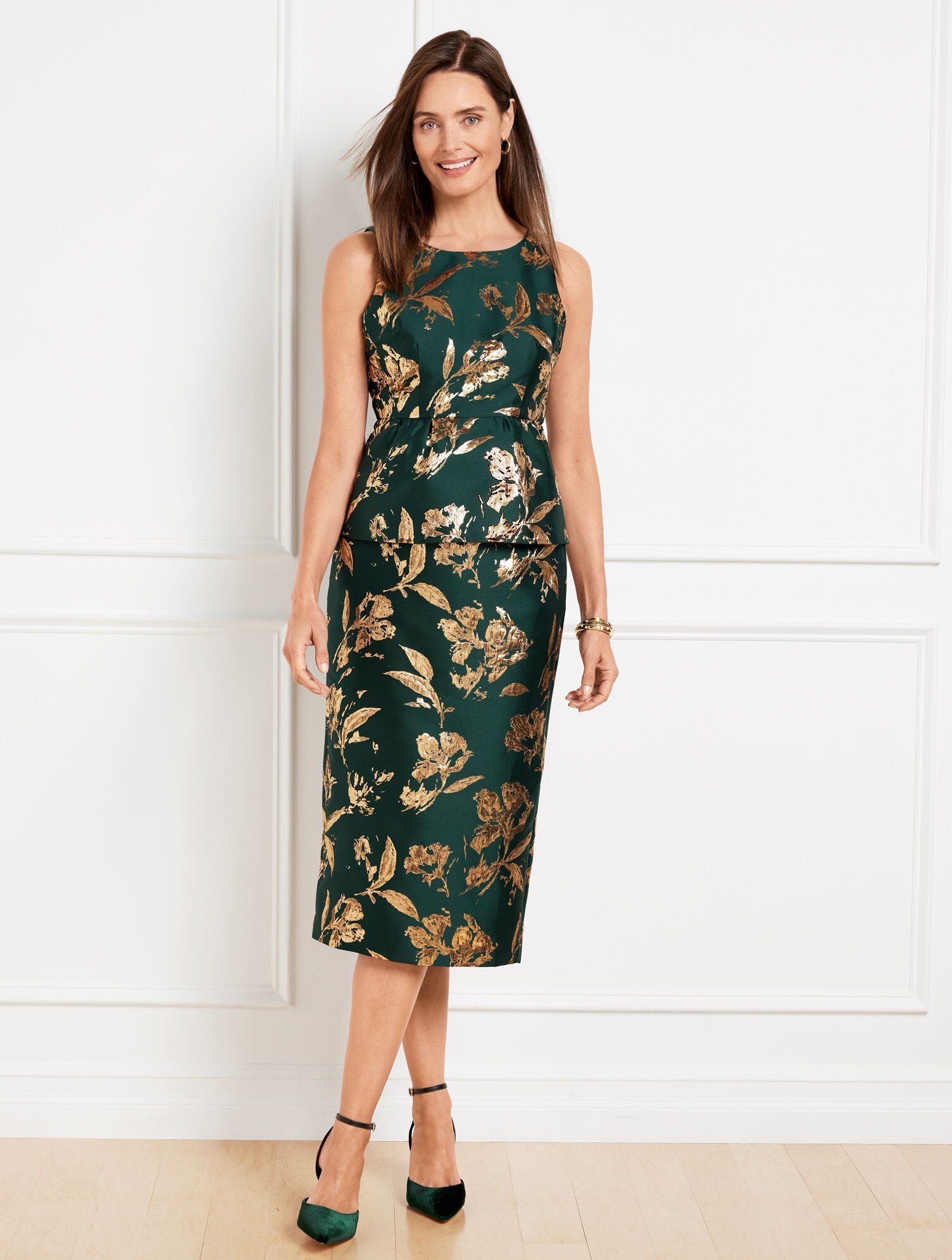 DARK GREEN/GOLD METALLIC FLORAL JACQUARD PEPLUM TOP | Talbots sale