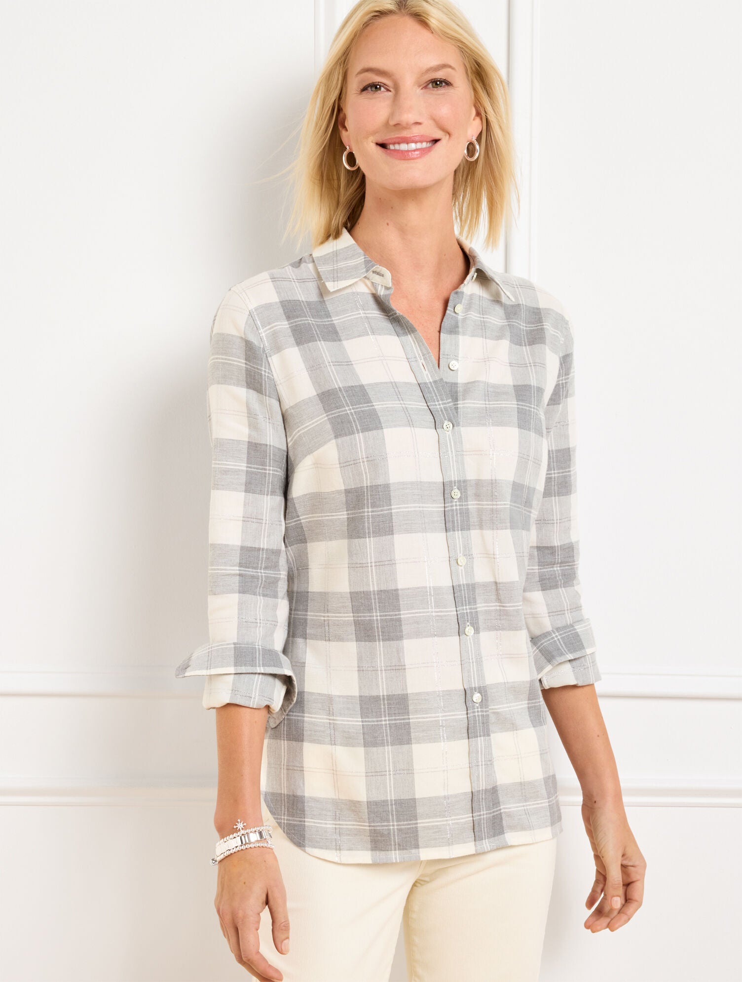 IVORY/FOG HEATHER/SILVER METALLIC FLANNEL MODERN CLASSIC SHIRT - CHIMNEY PLAID | Talbots online