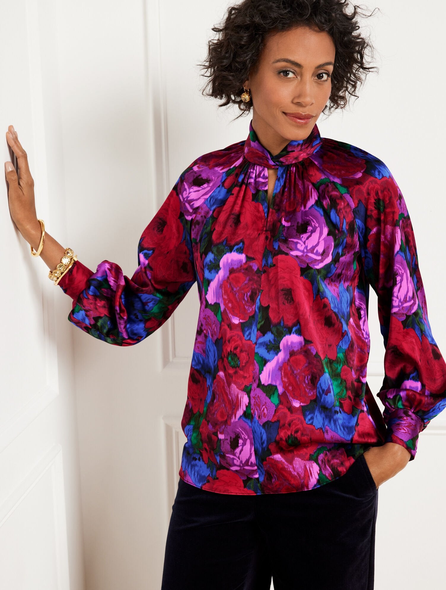 BLACK/BRIGHT BLUE TWIST NECK SOFT SATIN CHARMEUSE TOP - WRAPPED FLORAL | Talbots discount