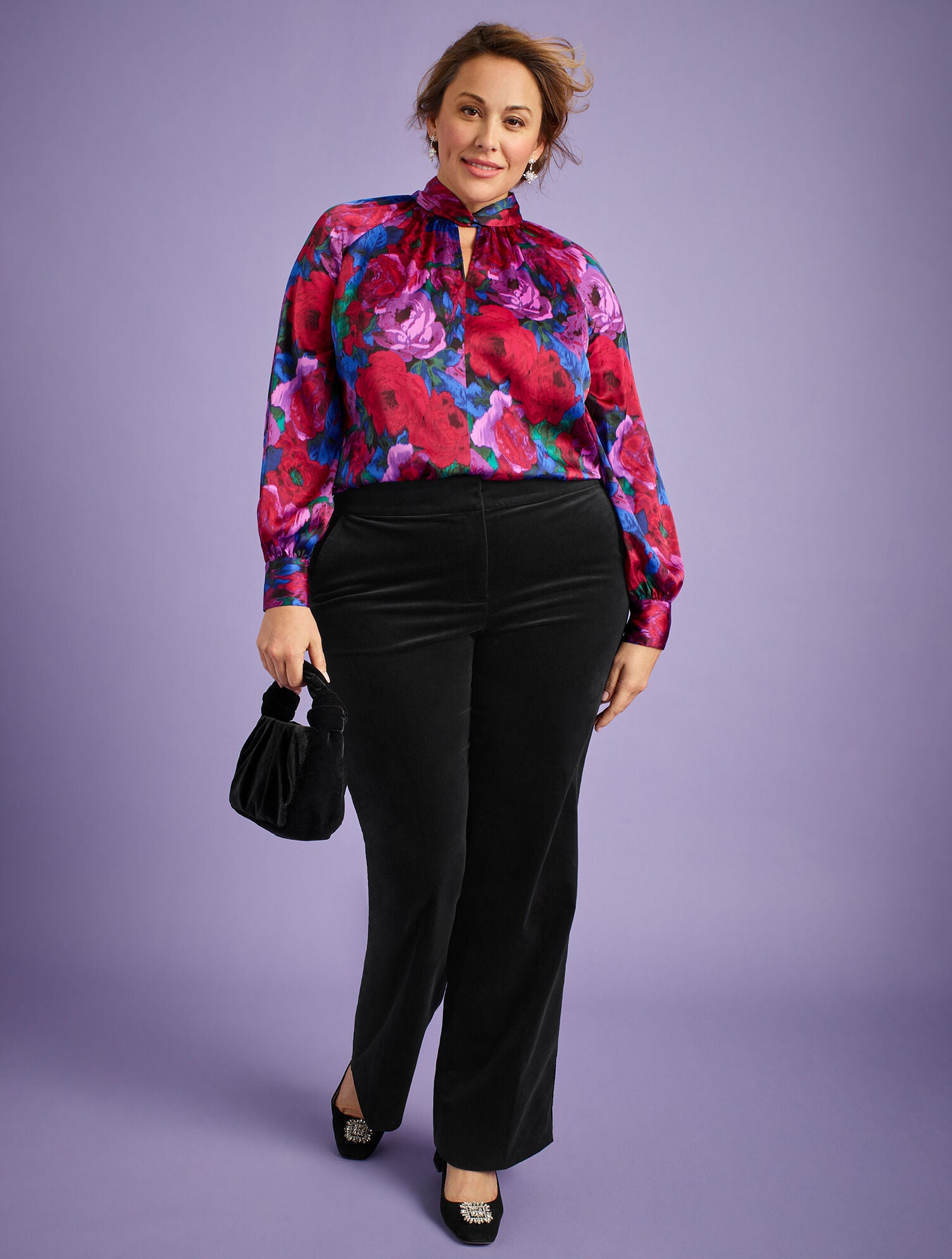 BLACK/BRIGHT BLUE TWIST NECK SOFT SATIN CHARMEUSE TOP - WRAPPED FLORAL | Talbots discount