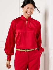 RED POP SOFT SATIN CHARMEUSE TWIST NECK TOP | Talbots outlet
