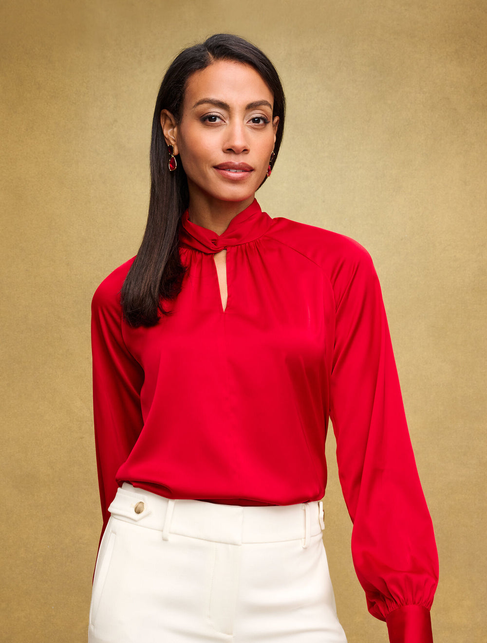 RED POP SOFT SATIN CHARMEUSE TWIST NECK TOP | Talbots outlet