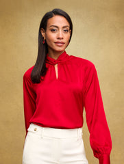 RED POP SOFT SATIN CHARMEUSE TWIST NECK TOP | Talbots outlet