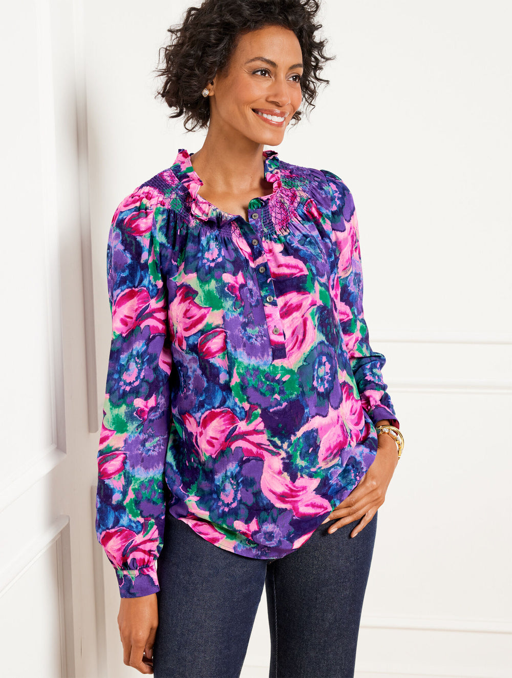 STUNNING PINK MULTI SMOCKED RUFFLE NECK TOP - DELICATE FLORAL | Talbots US