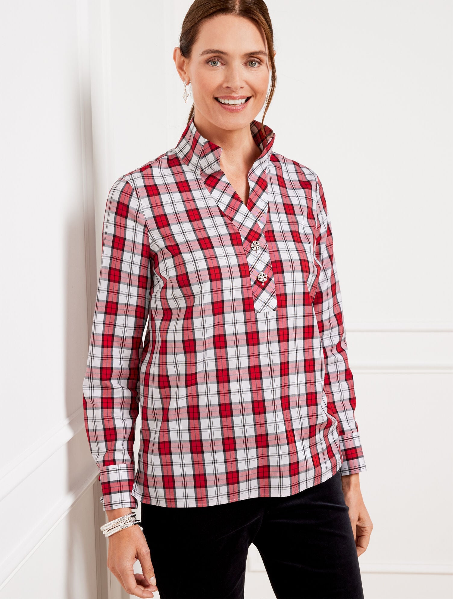 RED POP MULTI METALLIC NON-IRON POPOVER - CLASSICAL PLAID | Talbots US