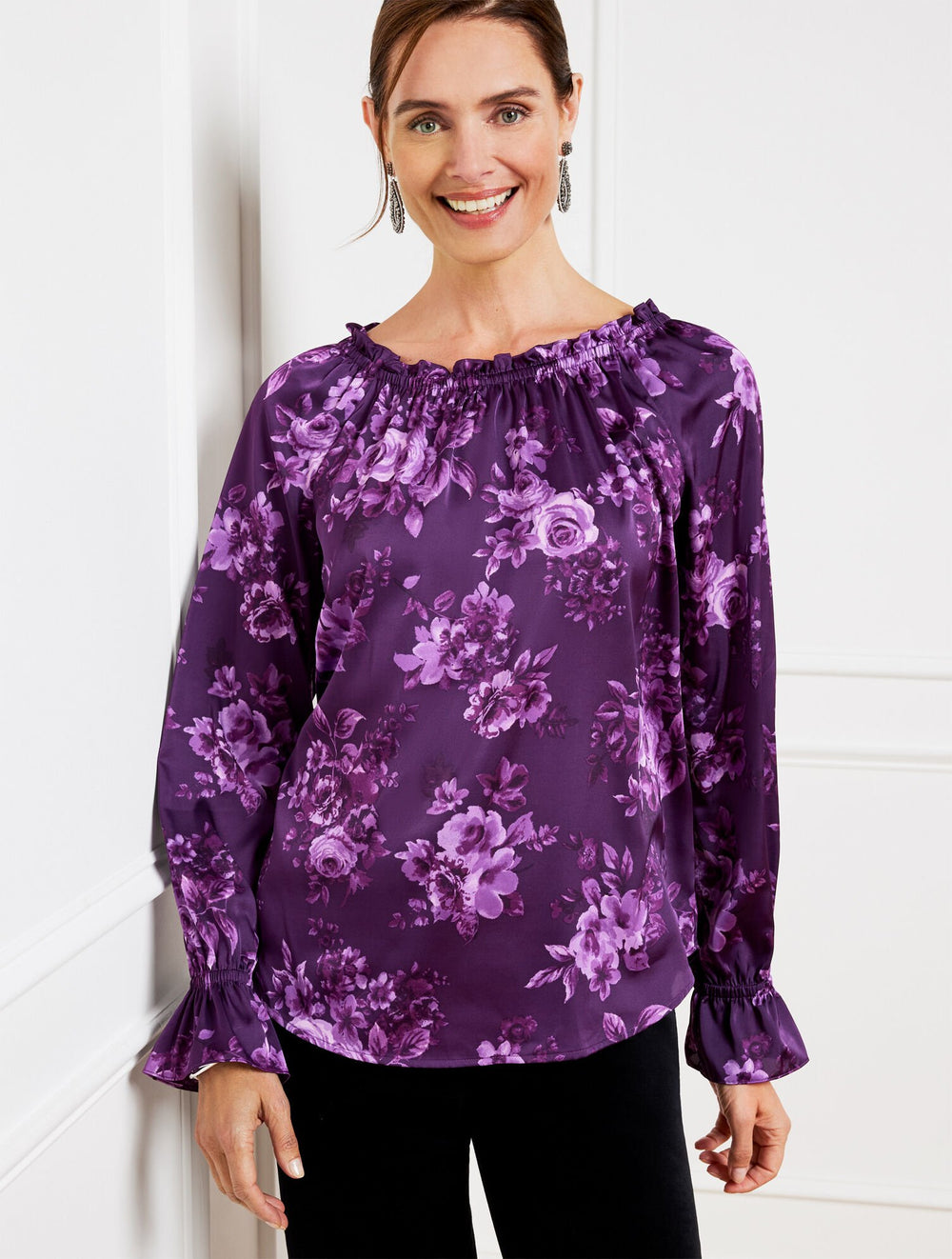 RICH AMETHYST MULTI SOFT SATIN CHARMEUSE TOP - FLOURISHING FLORALS | Talbots discount