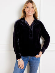 INDIGO BLUE EFFORTLESS VELVET SHORT POPOVER SHIRT | Talbots for sale
